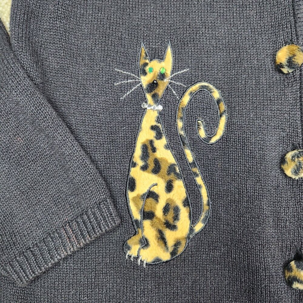 Mandal Bay Womens Cardigan Sweater L Black Brown Leopard Animal Print Vtg A467 - Picture 2 of 9